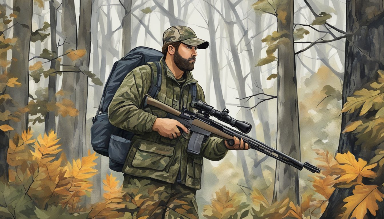 A hunter in camouflage holding a rifle, surrounded by trees and wildlife in a Vermont forest during hunting season