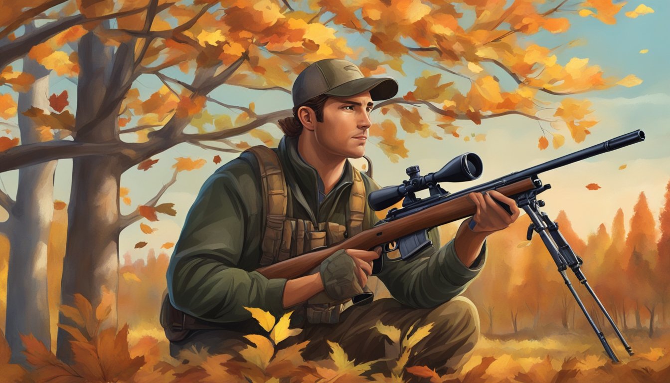 A hunter in a tree stand, surrounded by autumn foliage, aims a rifle at a deer in a clearing