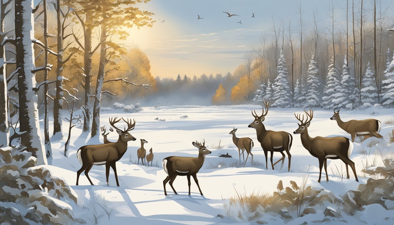 A snowy forest with deer, turkey, and waterfowl in different hunting zones for Wisconsin's season dates