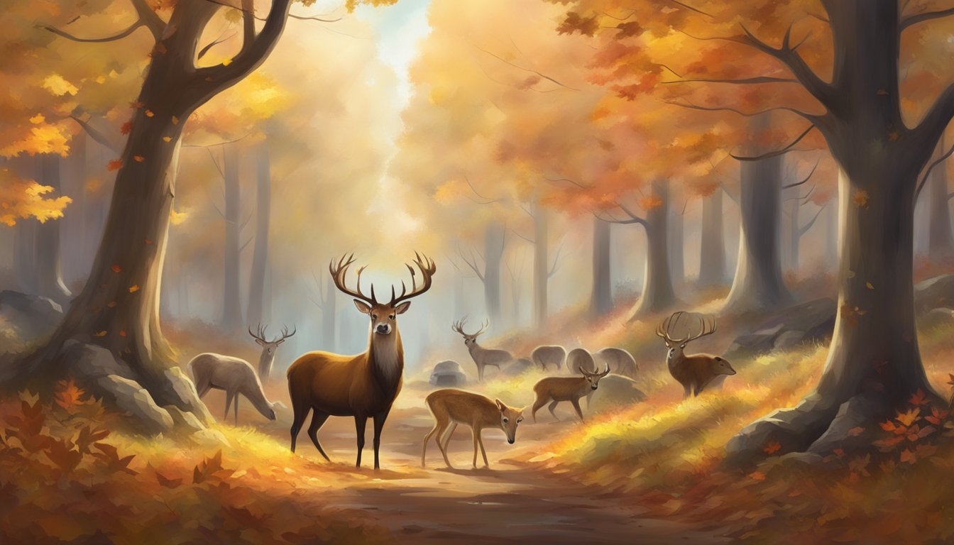 A serene forest clearing with a variety of small game and furbearer animals, surrounded by colorful autumn foliage