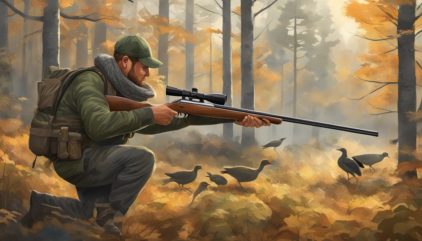 A hunter in camouflage aiming a shotgun at a flying game bird in a forest clearing during Vermont hunting season