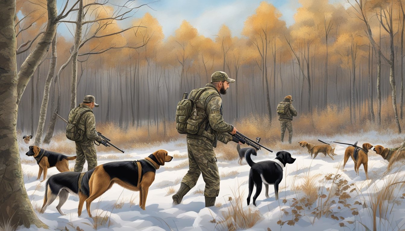 A group of hunters in camouflage gear setting up blinds in a wooded area, with hunting dogs eagerly sniffing the ground