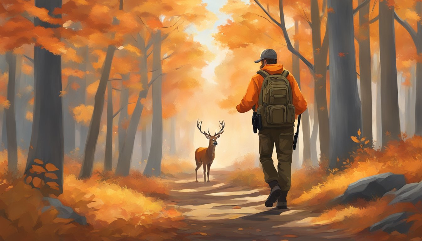 A hunter in blaze orange walks through a forest, carrying a rifle and binoculars. A deer grazes in the distance, surrounded by fall foliage