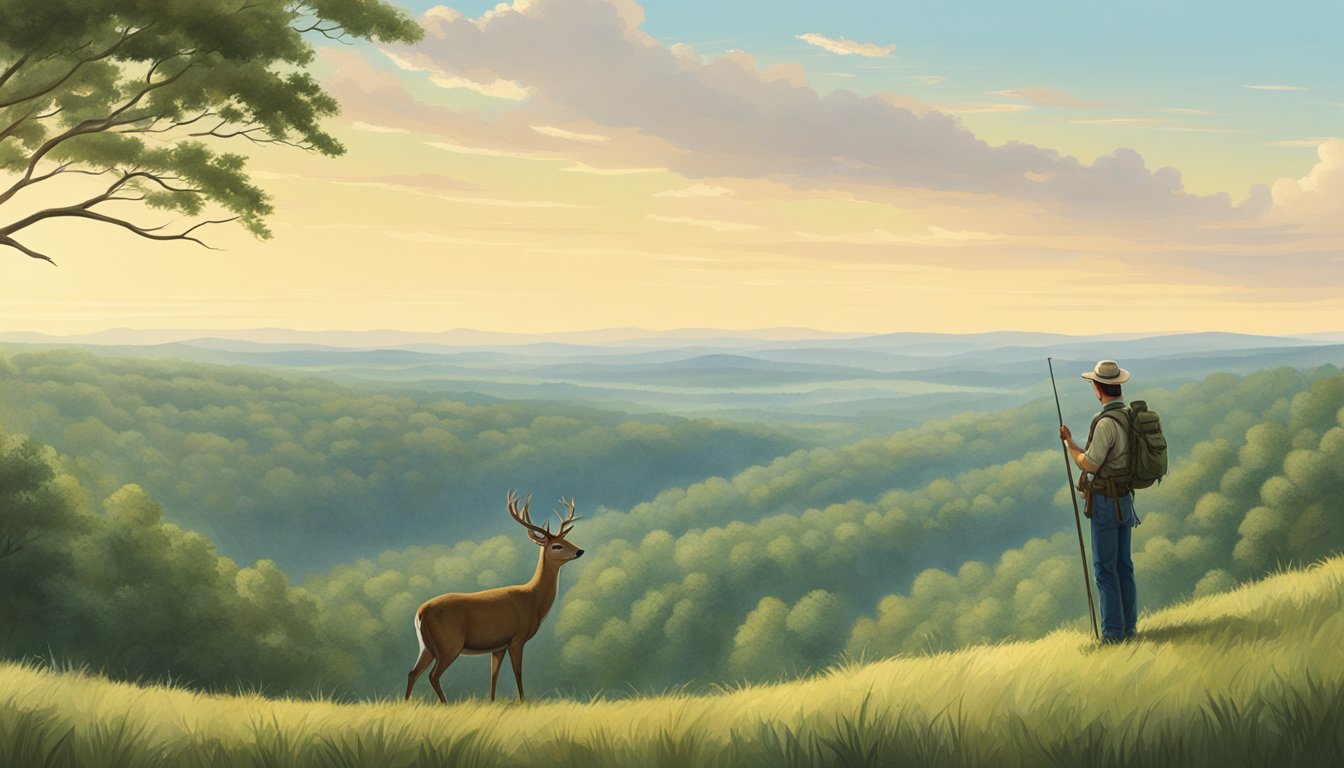 A landowner stands on a vast expanse of forested land in Alabama, surveying the rolling hills and lush greenery. A deer stands majestically in the distance, showcasing the potential for hunting leases