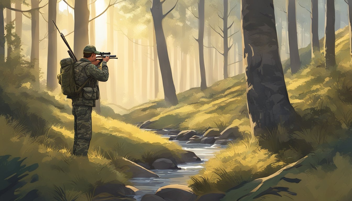 A hunter in camouflage standing in a wooded area, rifle in hand, scanning the landscape for potential game. A stream flows nearby, and the sun filters through the trees