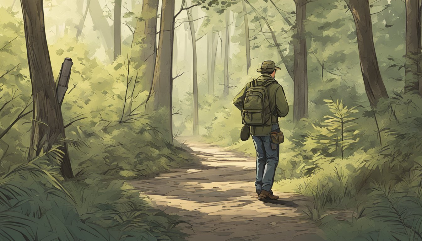 A hunter walking through a wooded area in Alabama, carrying a map and binoculars, searching for hunting leases