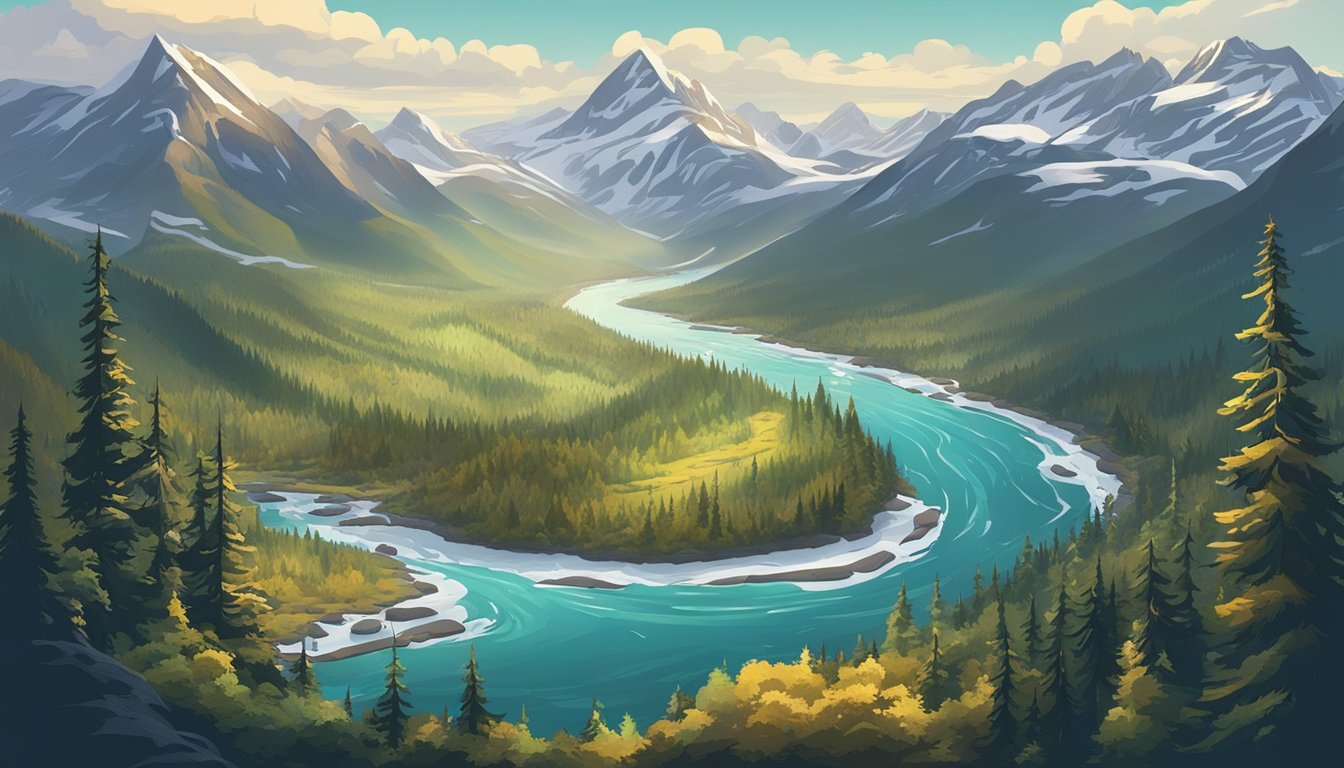 A vast Alaskan wilderness with snow-capped mountains, dense forests, and a river winding through the landscape