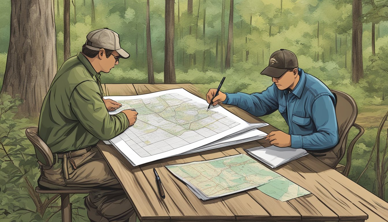 A hunter signing a lease agreement with a landowner in Alabama, with a map of the hunting grounds and legal documents on the table