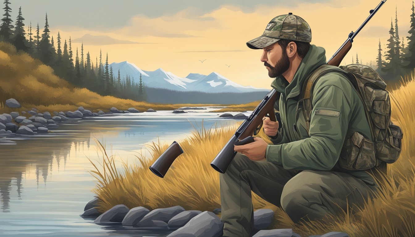 A hunter in a camouflage jacket and hat crouching near a stream, rifle in hand, while keeping an eye out for prey in the Alaskan wilderness