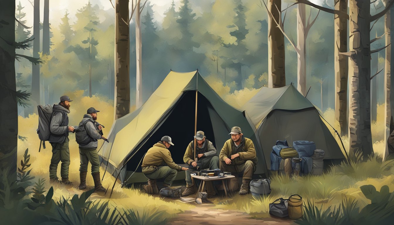 A group of hunters setting up camp in a wooded area, placing hunting gear and preparing for the day