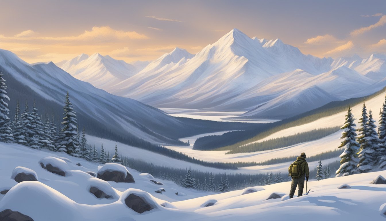 A vast, snow-covered landscape in Alaska, with mountains in the distance and a hunter searching for hunting leases