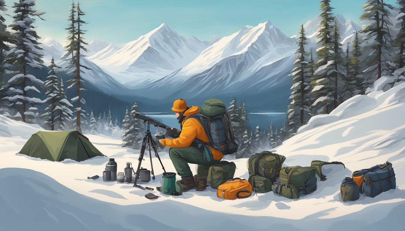 A hunter packing gear and checking equipment in a snowy Alaskan wilderness, surrounded by mountains and pine trees