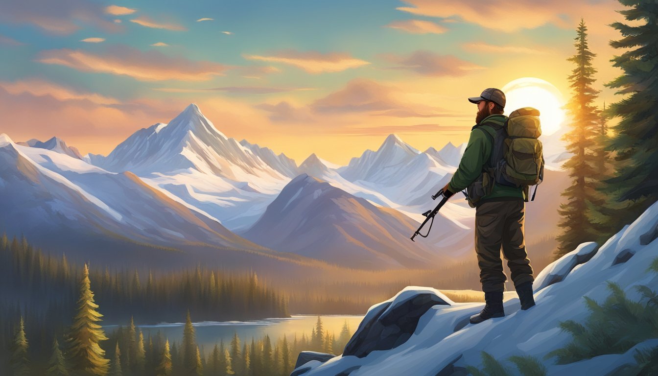 A hunter navigating through a lush Alaskan forest, rifle in hand, scanning the horizon for potential game. The sun sets behind snow-capped mountains in the distance