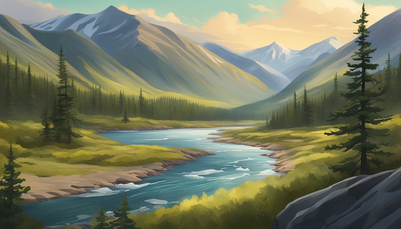 A vast, rugged Alaskan landscape with rolling hills, dense forests, and a pristine river winding through the terrain