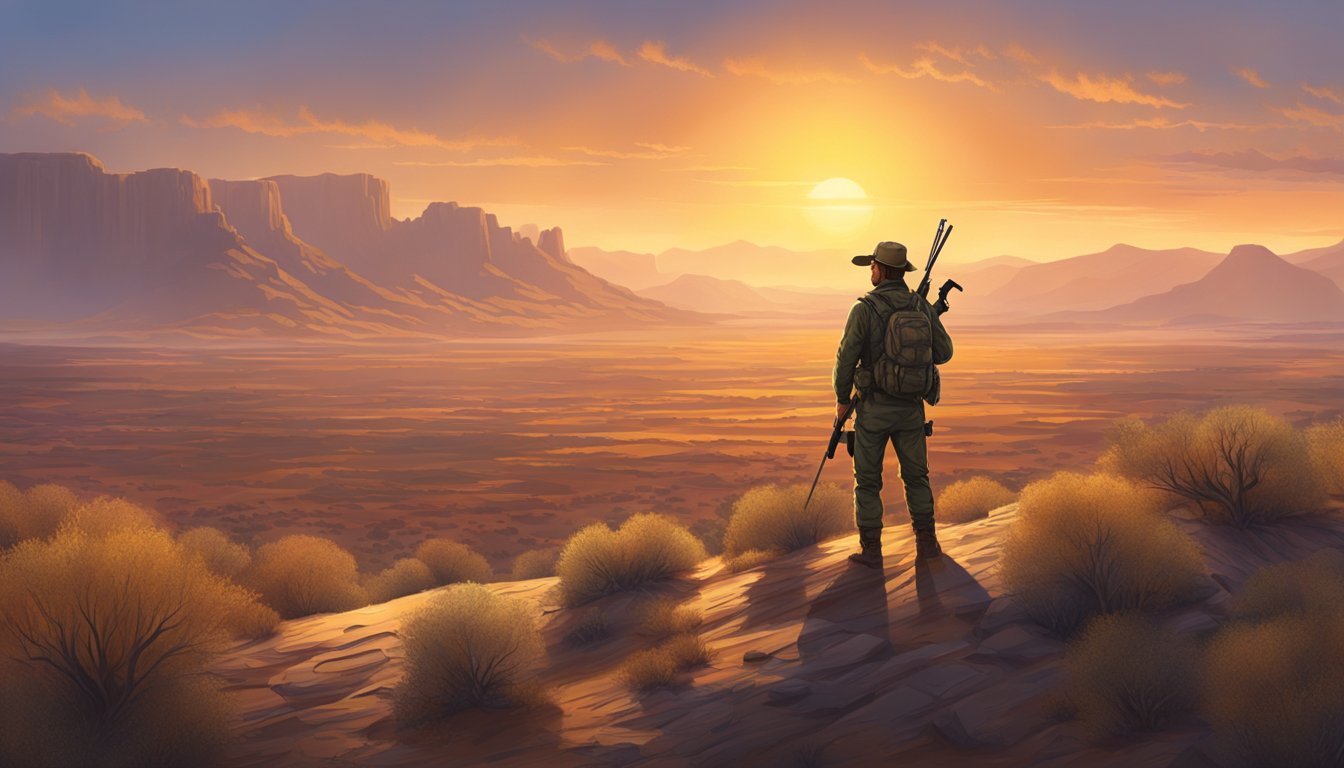 A hunter standing in a vast Arizona desert, scanning the horizon for the perfect hunting lease. The sun is setting, casting a warm glow over the rugged landscape