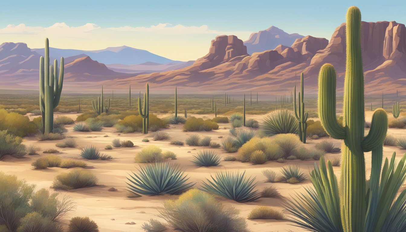 A vast desert landscape with rocky terrain, cacti, and sparse vegetation. A sign designates the boundary between public and private hunting lands in Arizona