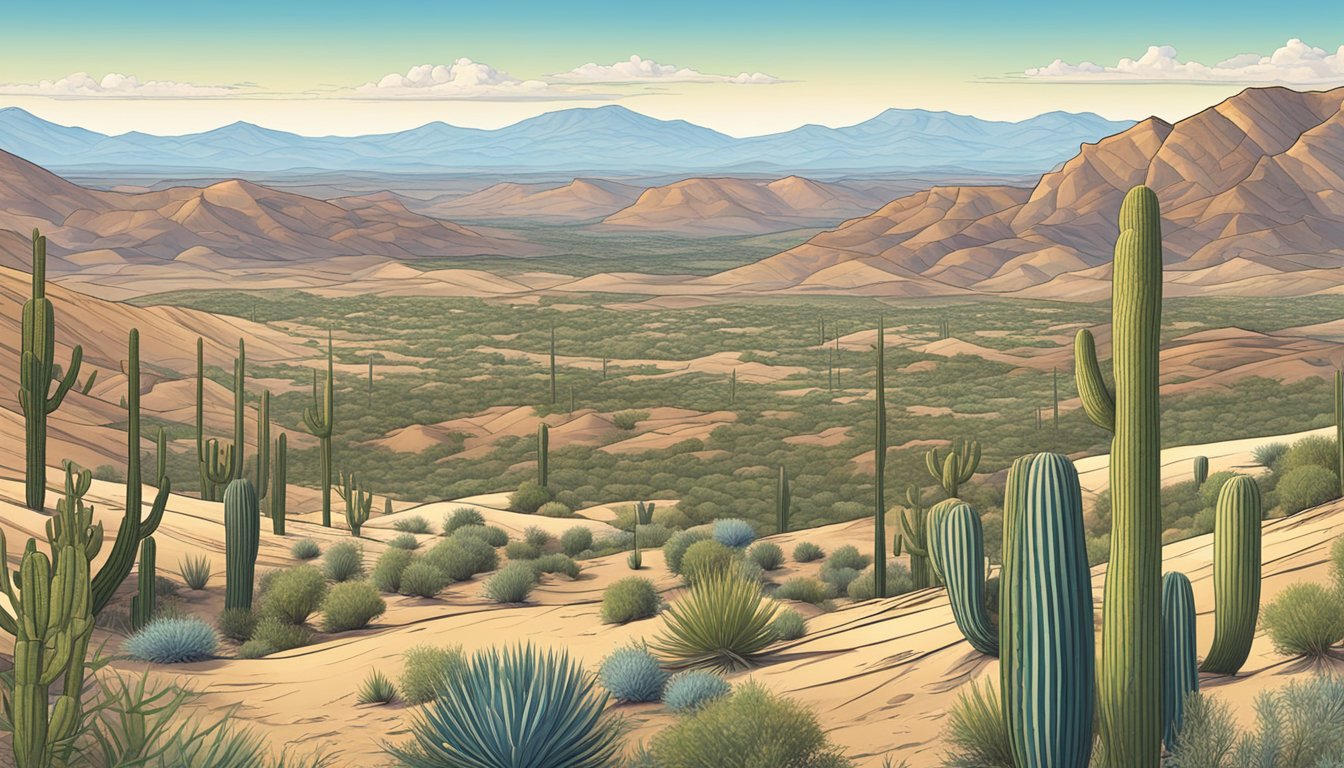 A vast desert landscape in Arizona, with rolling hills, cacti, and a clear blue sky