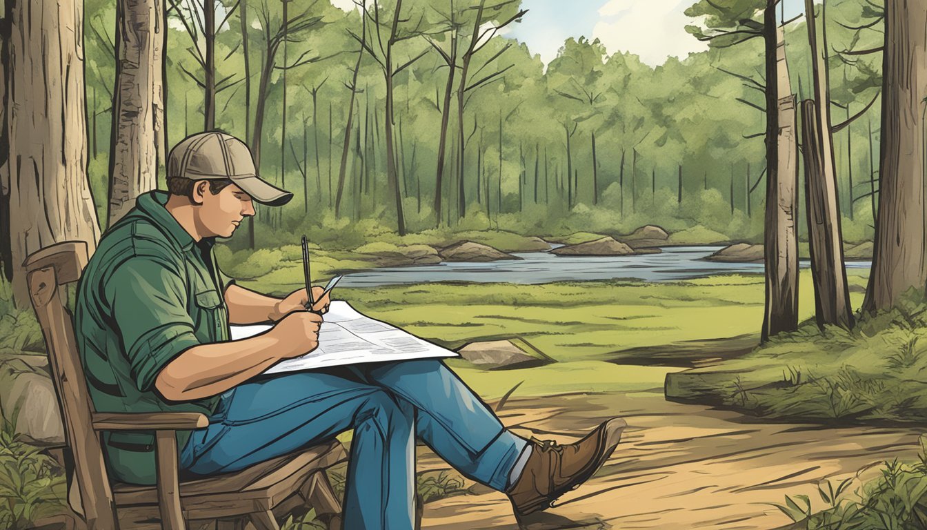 A hunter signing a lease agreement with a landowner in a wooded area of Arkansas