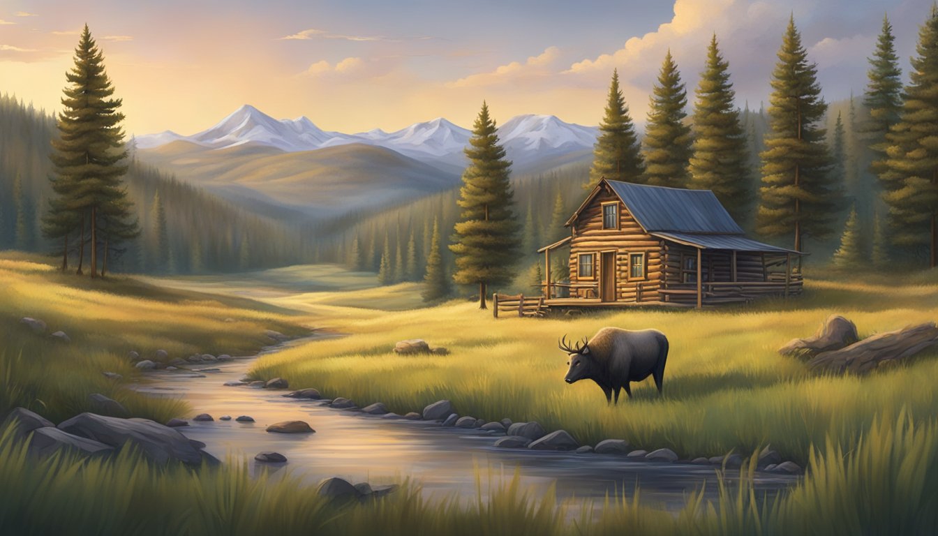 A serene landscape in Colorado, with rolling hills, dense forests, and open fields. A hunter's cabin sits nestled among the trees, surrounded by signs of wildlife