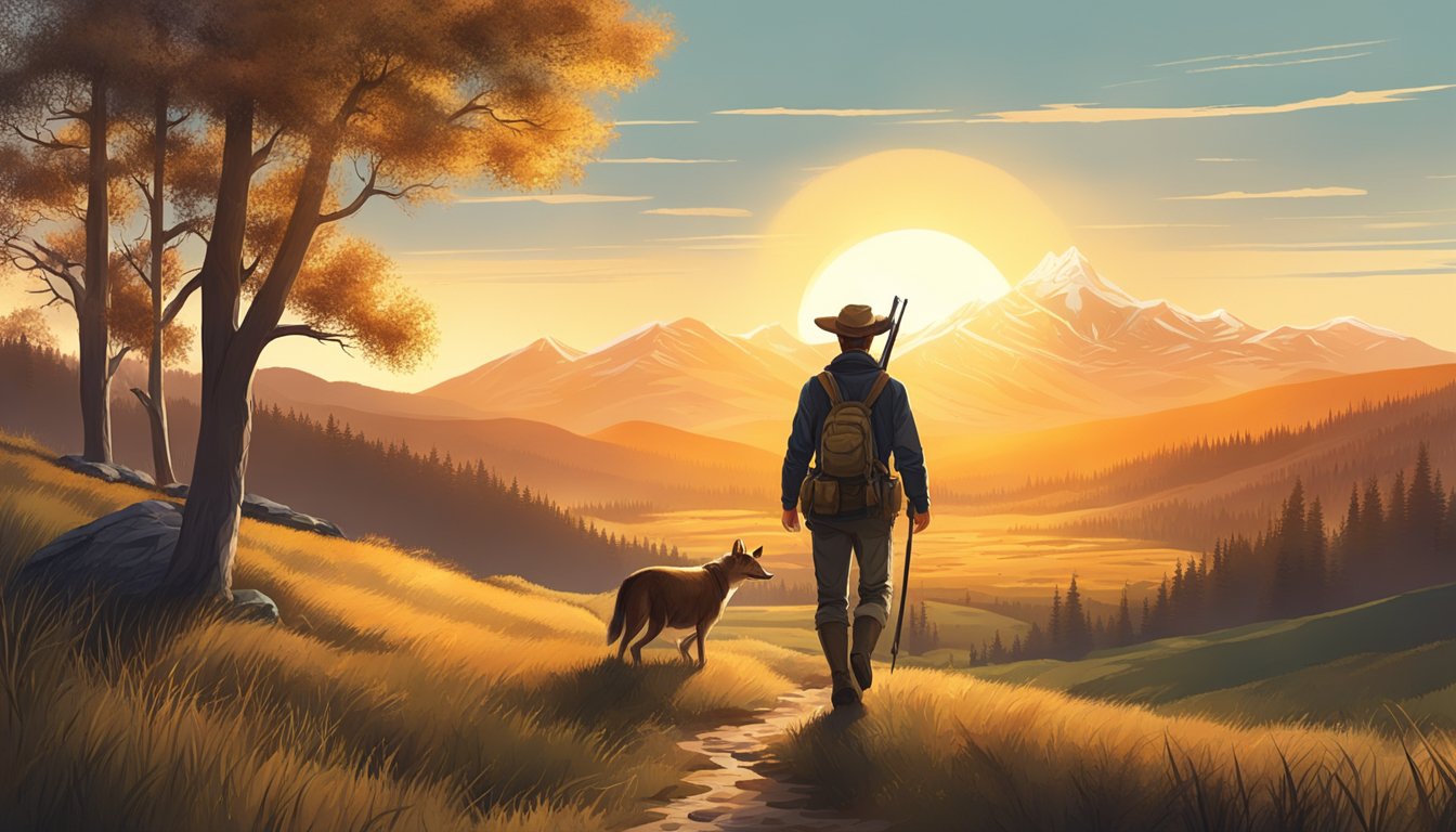 A hunter walking through a vast, open field surrounded by mountains and forests. The sun is setting, casting a warm glow over the landscape