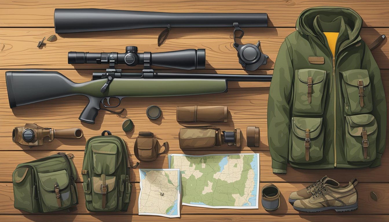 A hunter's gear laid out on a wooden table, including a rifle, camouflage clothing, and a map of hunting leases in Arkansas