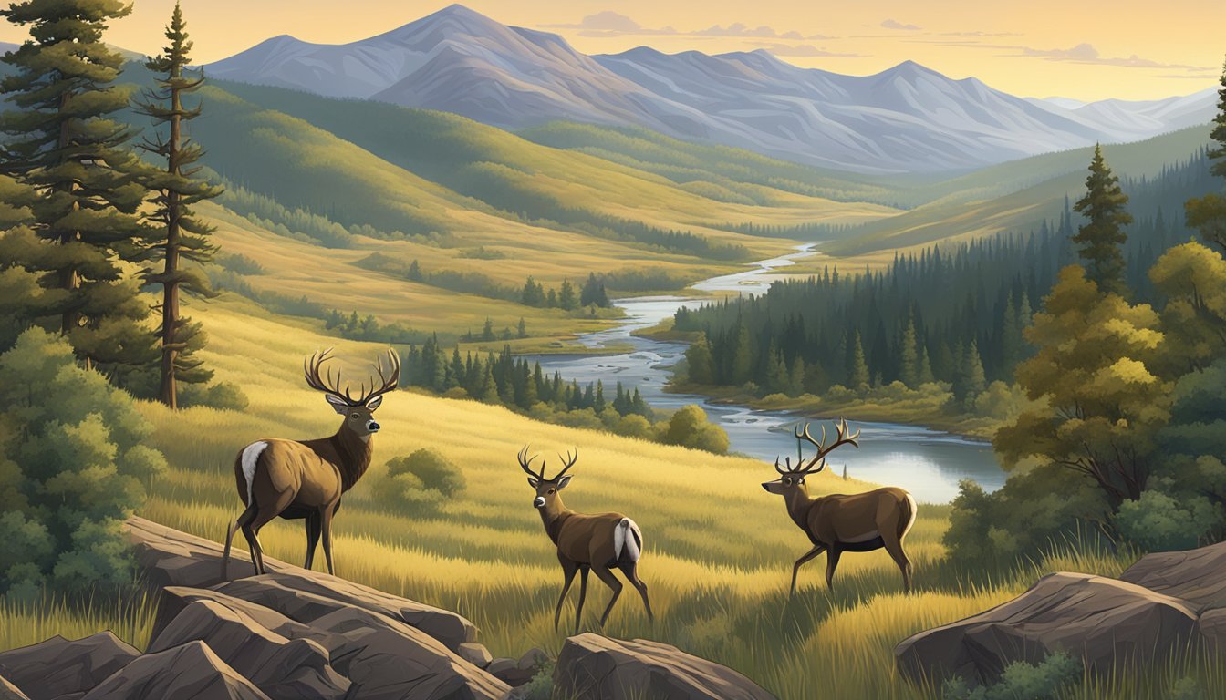 A vast, rugged landscape in Colorado with rolling hills, dense forests, and open fields. A stream winds through the terrain, and various wildlife can be seen, including deer, elk, and other game animals