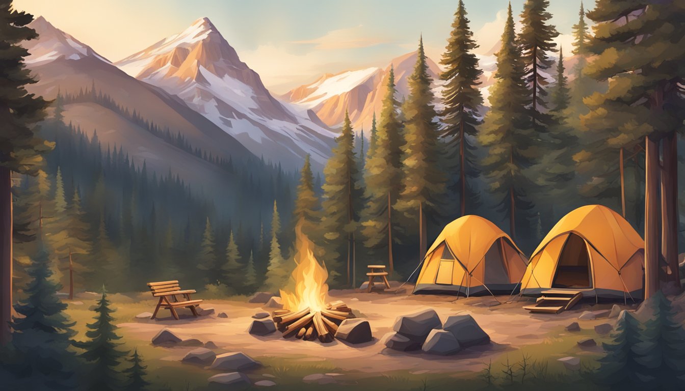 A serene campsite nestled among the Colorado mountains, with cozy cabins and tents surrounded by tall trees and a crackling campfire