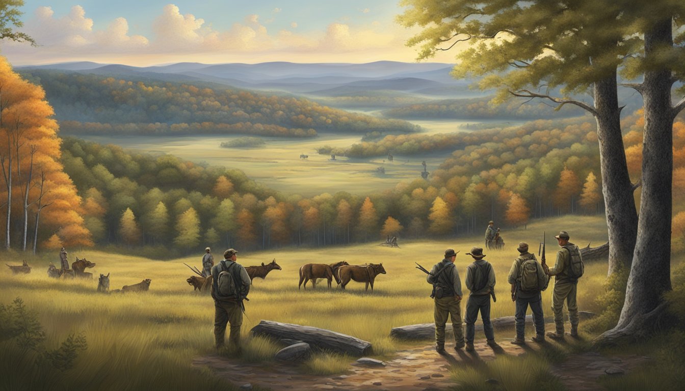 A group of hunters negotiate terms for a hunting lease in a rural Arkansas setting, surrounded by rolling hills and dense forests