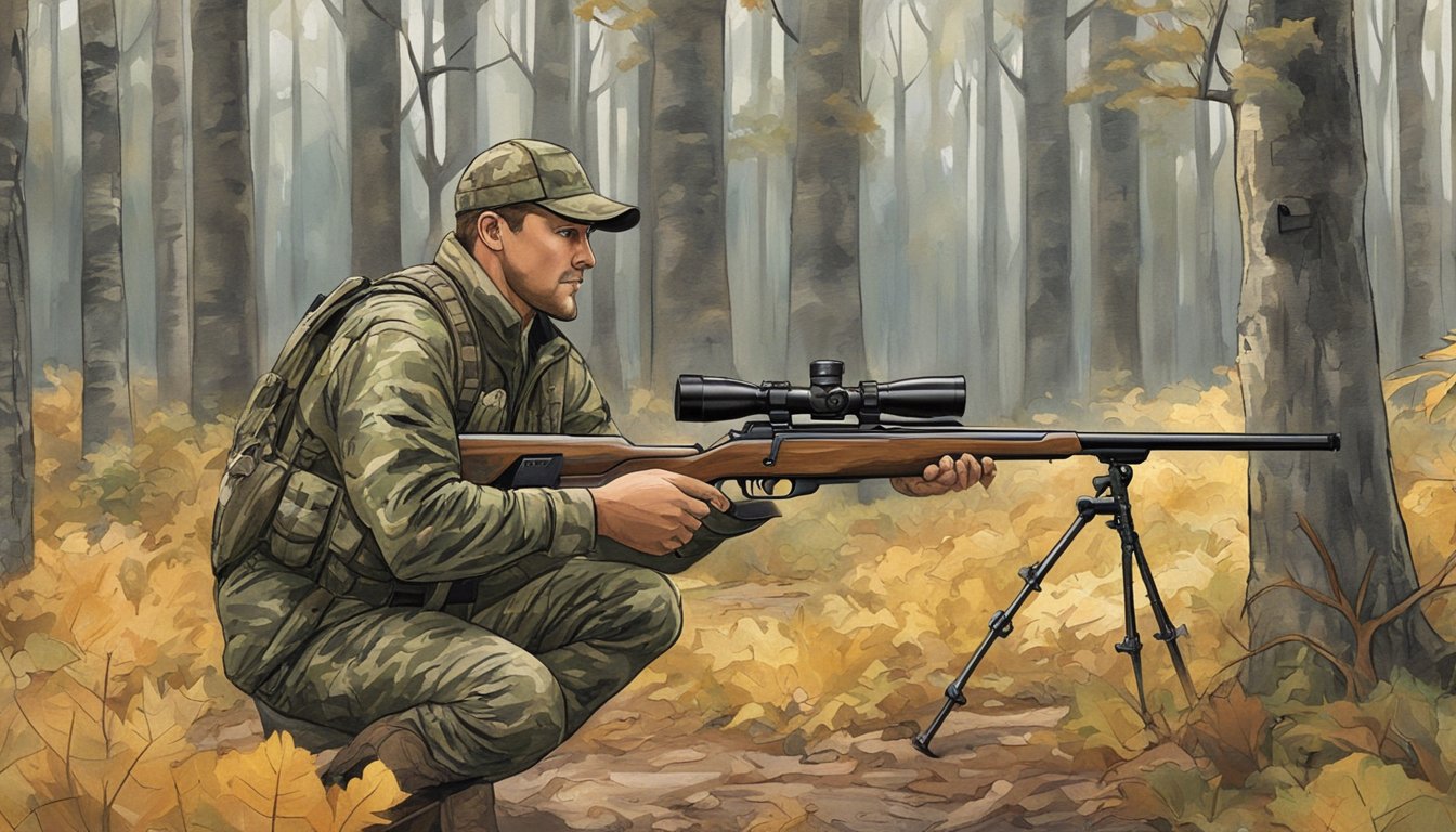 A hunter in camouflage aims a rifle at a deer in a wooded area of a Delaware hunting lease