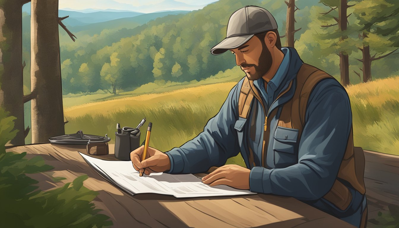 A hunter signing a lease agreement with a landowner in Delaware, surrounded by rolling hills and dense forest