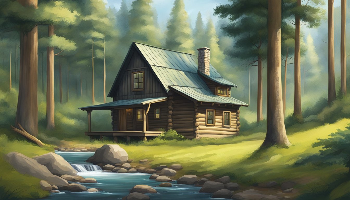 A serene forest clearing with a small hunting cabin, surrounded by tall trees and a stream running through the middle