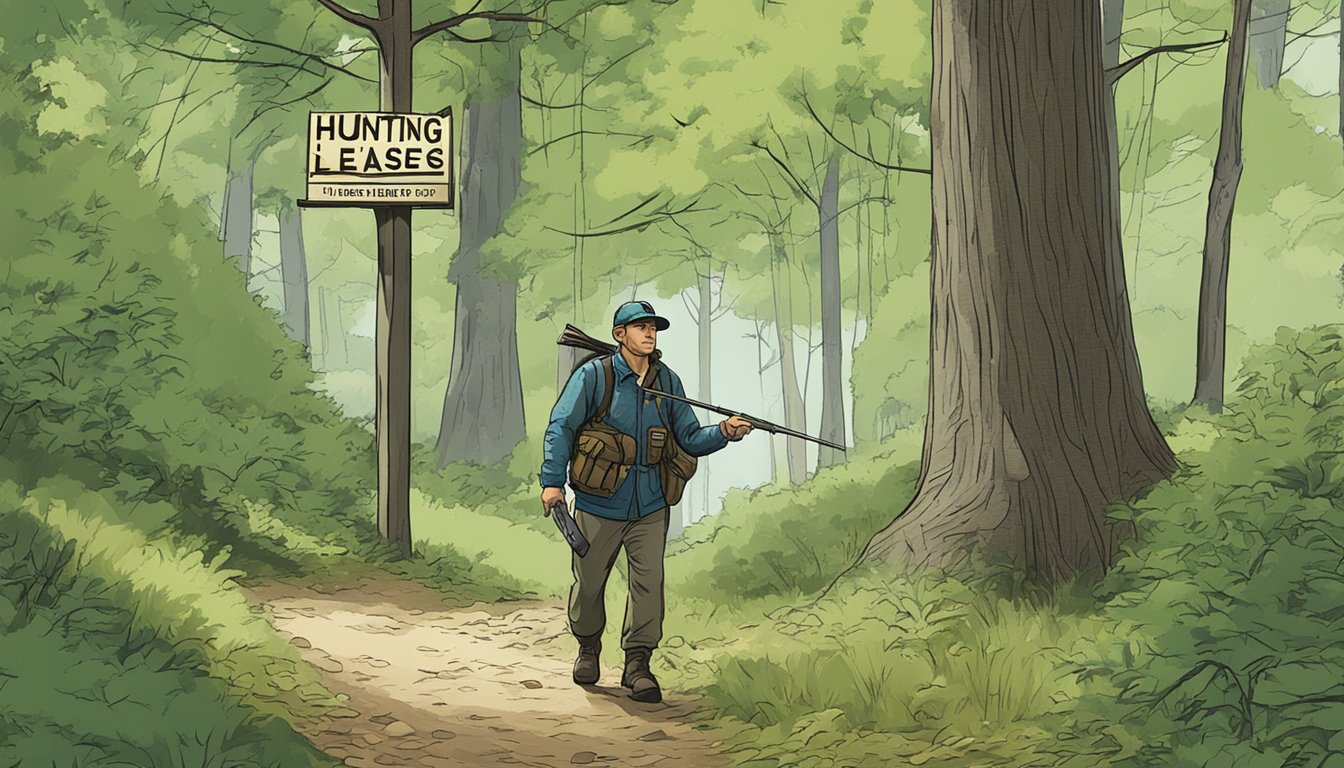 A hunter walking through a wooded area with "Hunting Leases - District of Columbia" sign posted on a tree