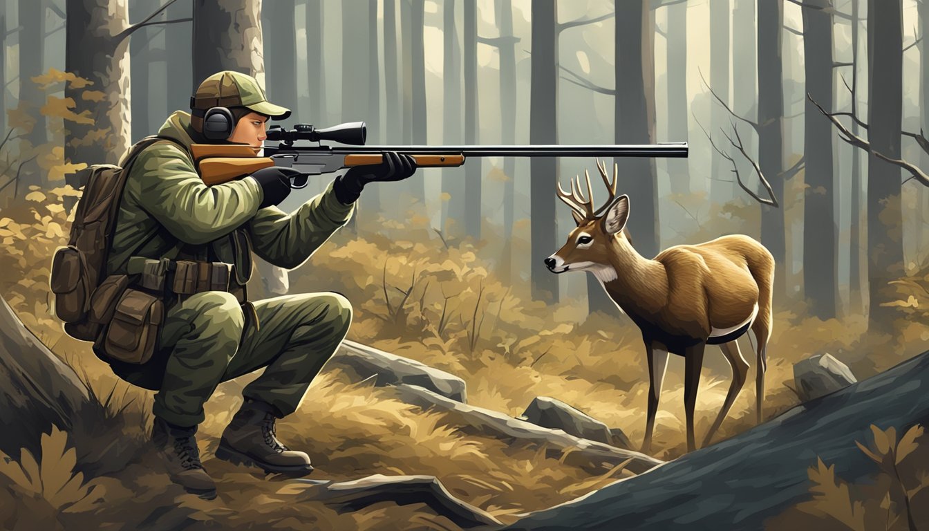 A hunter in camouflage aiming a rifle at a deer in the woods