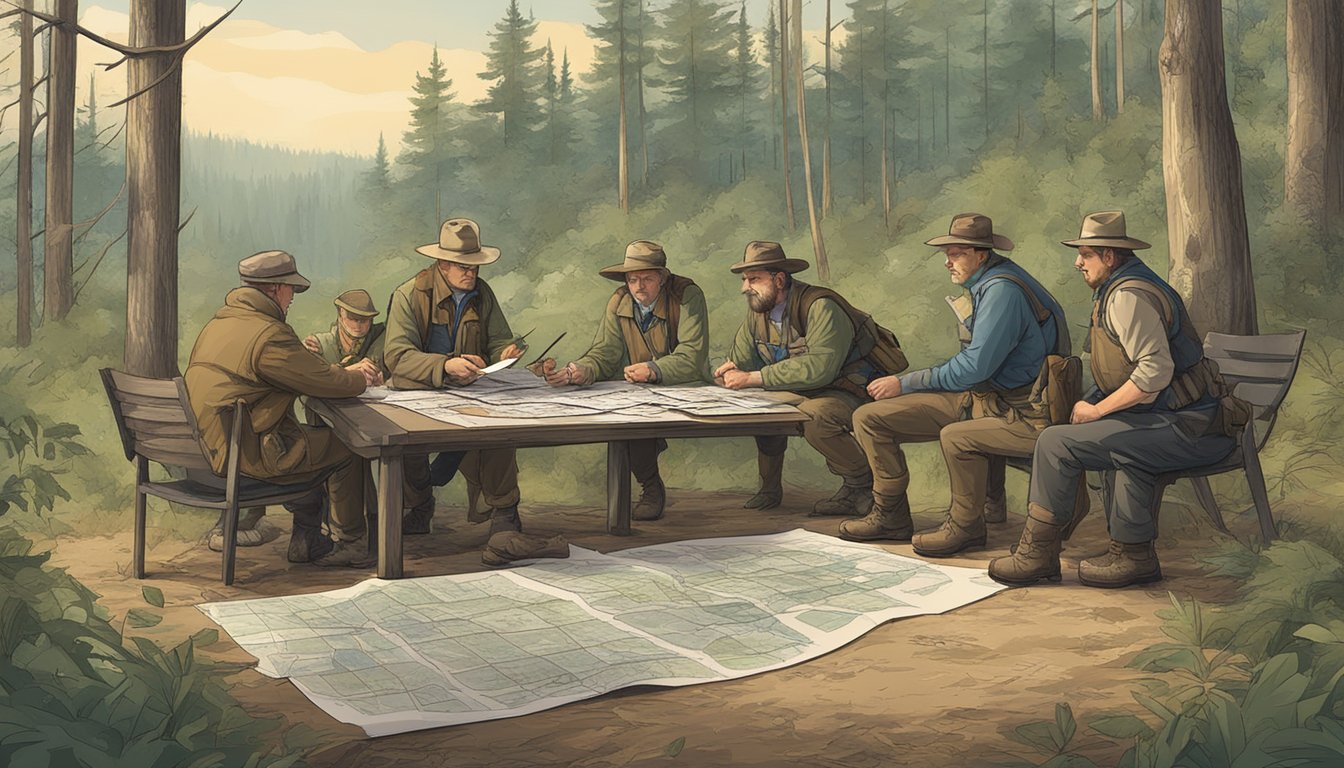 A group of hunters and landowners sign a contract in a wooded area, with a map of the hunting grounds and a pile of cash on the table