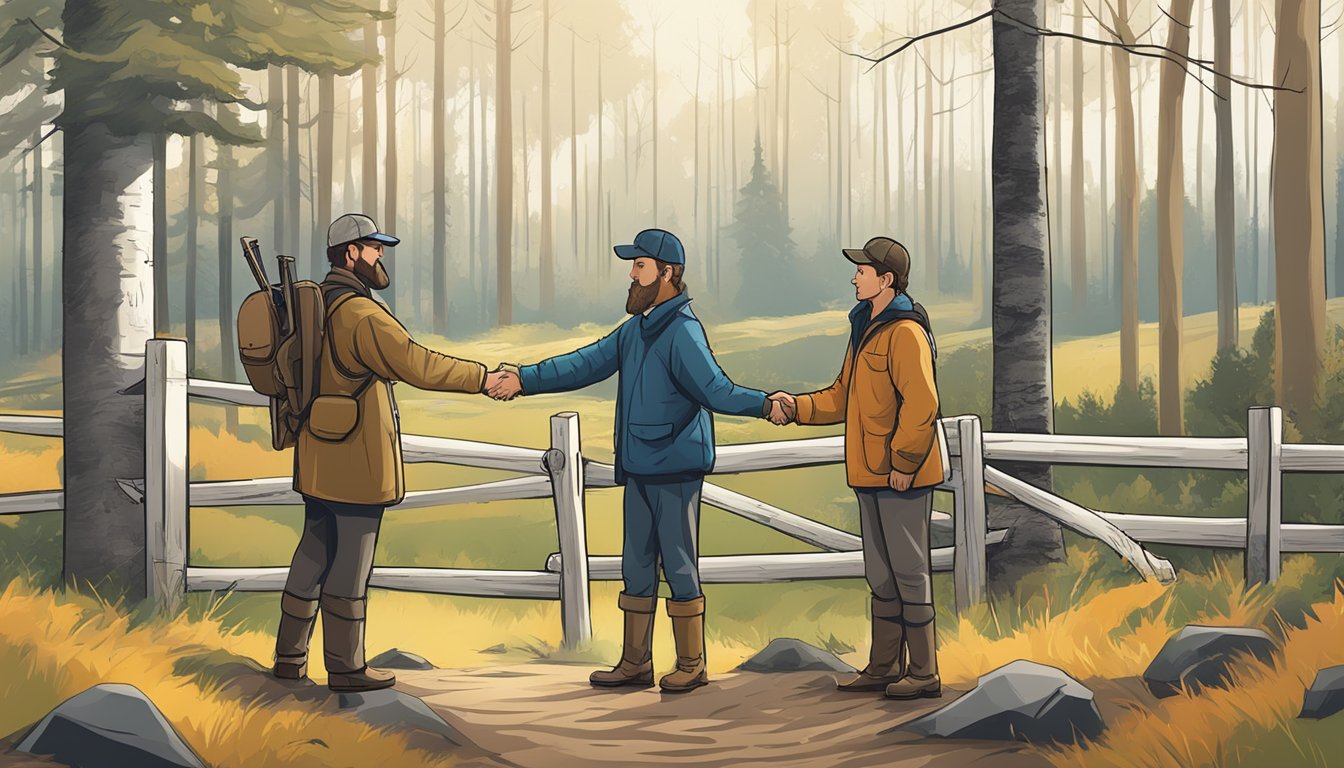 A hunter and a landowner shaking hands over a signed hunting lease agreement in a wooded area with a clear boundary line marked by a fence