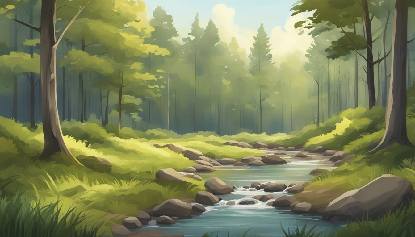 A serene forest clearing with a small stream, surrounded by dense trees and brush, with a few animal tracks in the soft earth