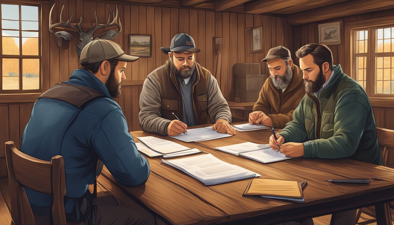 A group of hunters signing legal documents in a rustic hunting lodge in Connecticut. Administrative paperwork and lease agreements are spread out on a wooden table