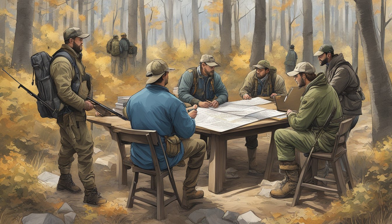 A group of hunters negotiate terms for a hunting lease in the District of Columbia, surrounded by maps, contracts, and hunting gear