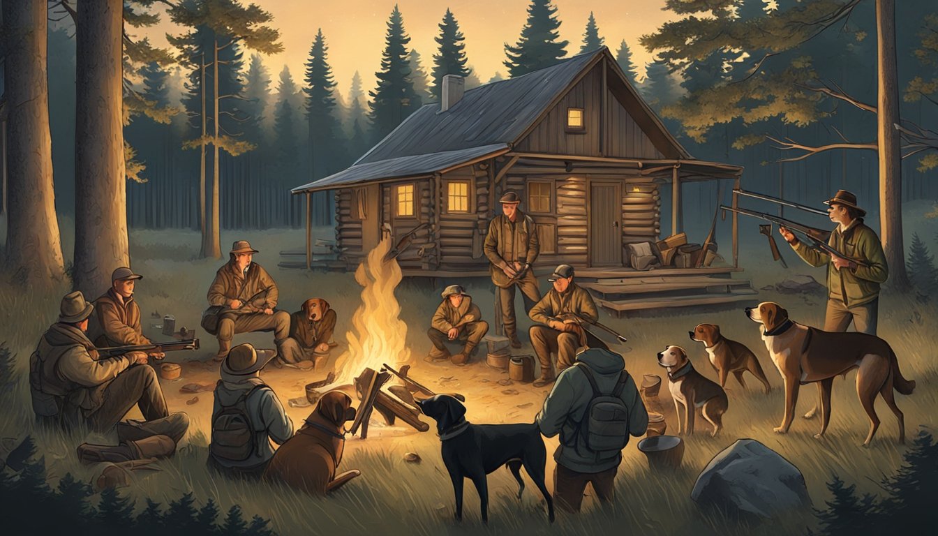 A group of hunters gather around a campfire, surrounded by wooded hunting grounds and a rustic cabin. Multiple hunting dogs are visible, and hunting gear is scattered about