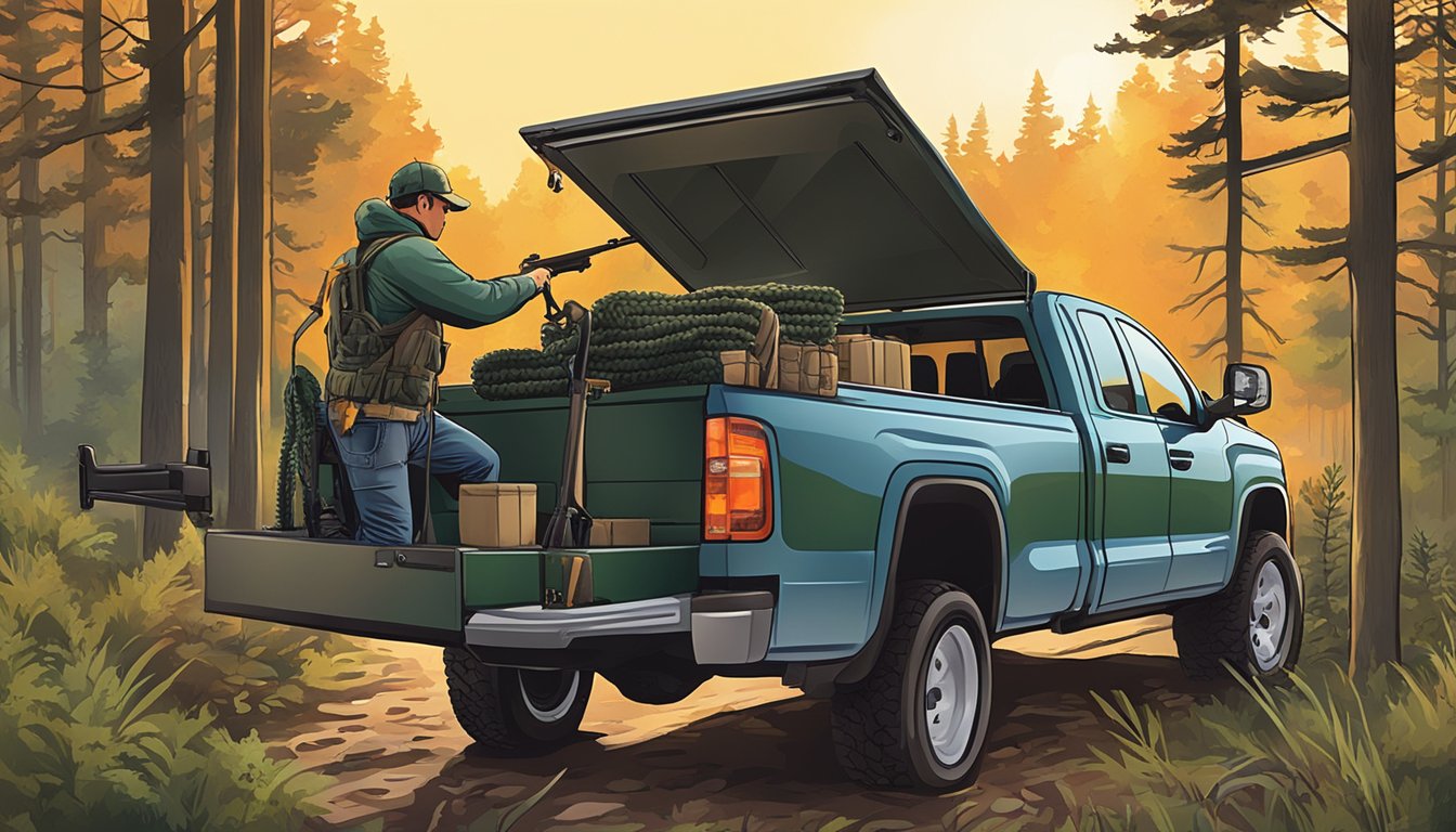 A hunter loading gear into a pickup truck at sunrise in a wooded hunting lease area