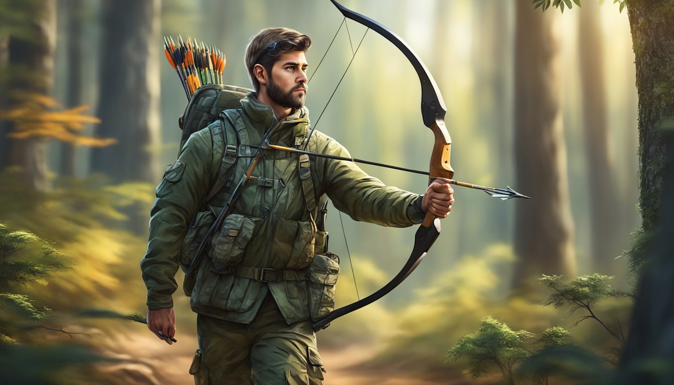 A hunter in camouflage gear walking through a wooded area, carrying a bow and arrow, with a focus on the surrounding natural environment and wildlife