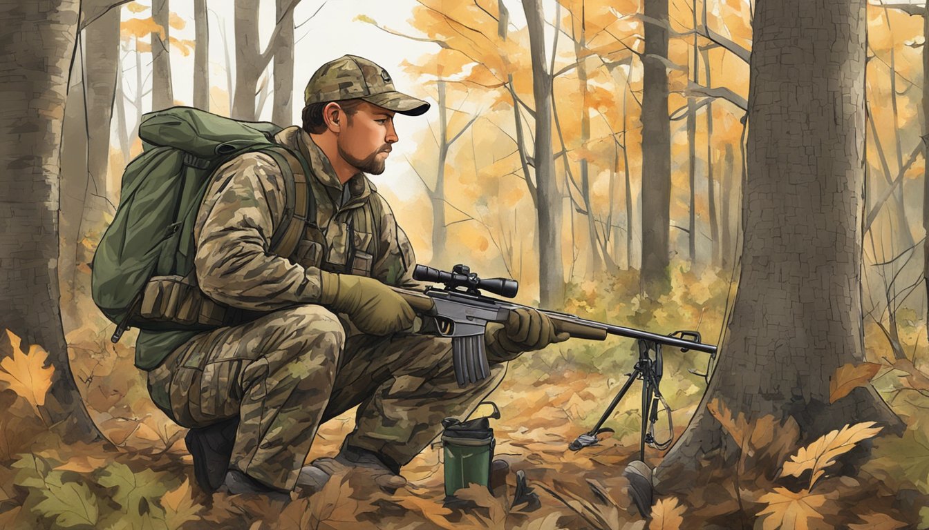 A hunter in camouflage gear checks his equipment before heading into the wooded hunting grounds of Connecticut