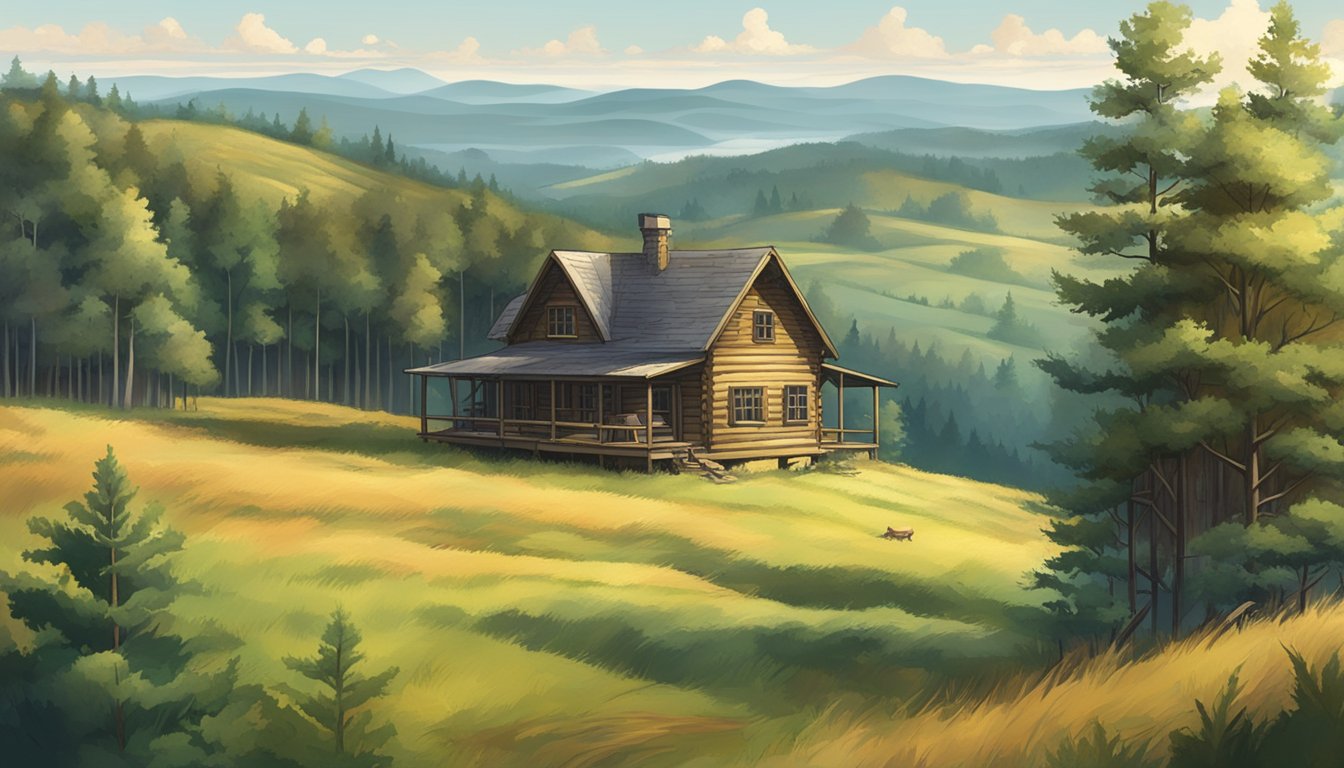 A vast expanse of rolling hills and dense forests, with a small hunting cabin nestled among the trees