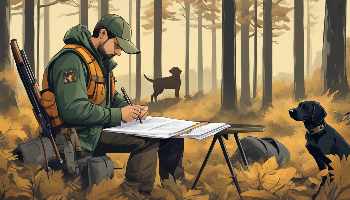 A hunter signing a lease agreement in a wooded area with hunting gear and a hunting dog nearby