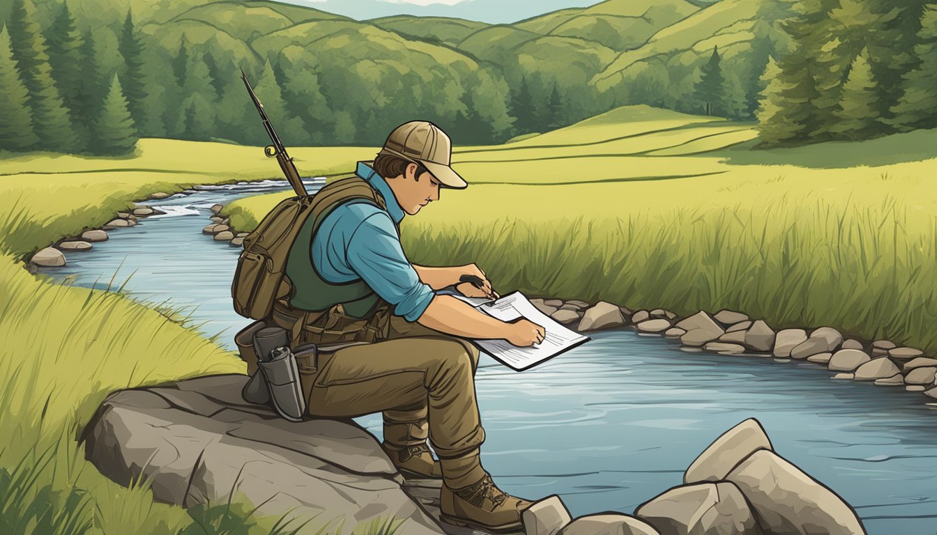 A hunter in Connecticut signing a lease agreement with a landowner, surrounded by wooded hills and a small stream