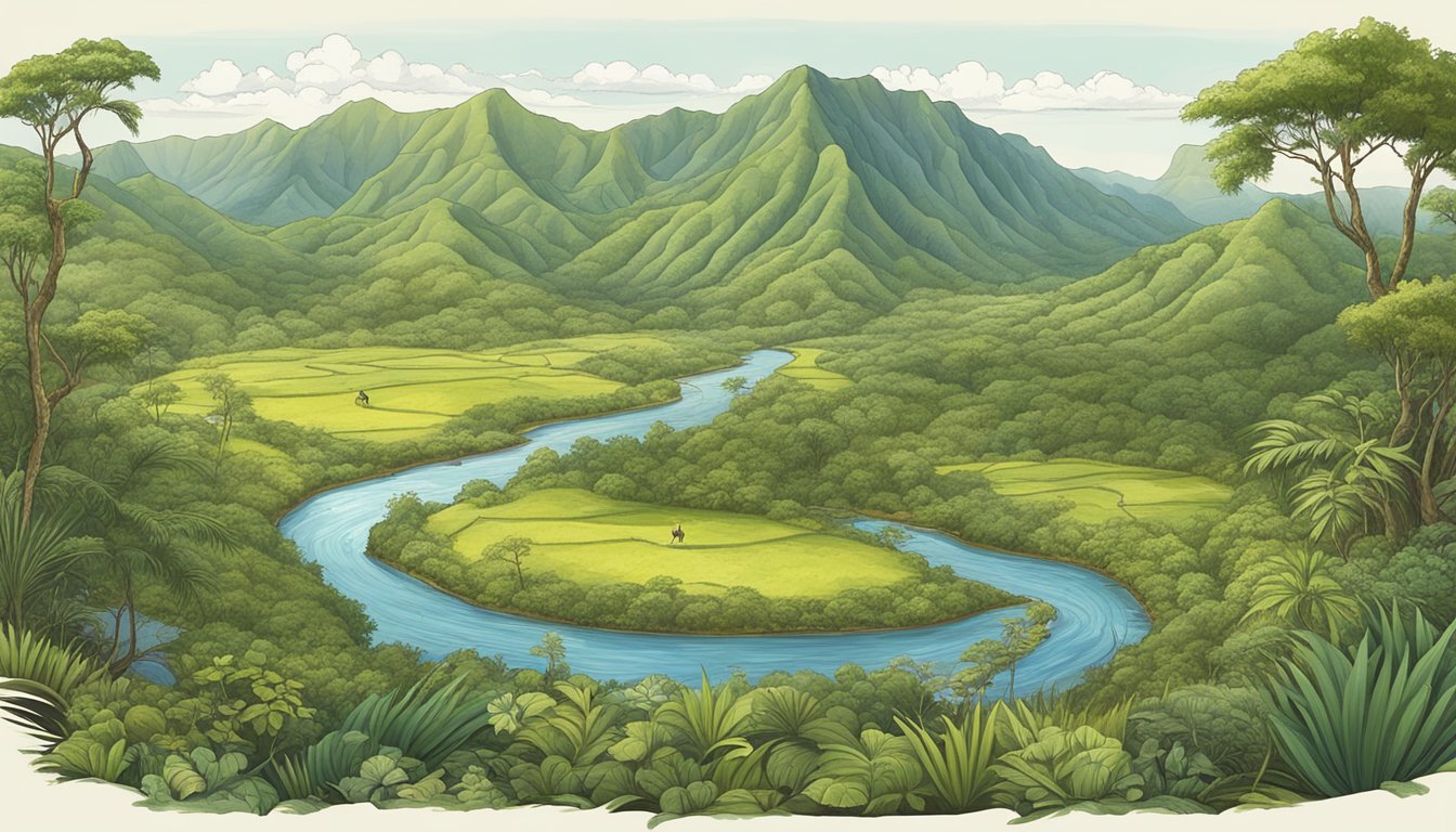 A lush Hawaiian landscape with rolling hills, dense forests, and a stream, with hunting gear and a map of hunting leases