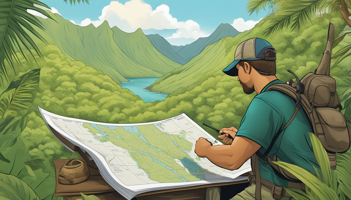 A hunter checking hunting regulations in Hawaii, surrounded by lush greenery and a map of hunting leases