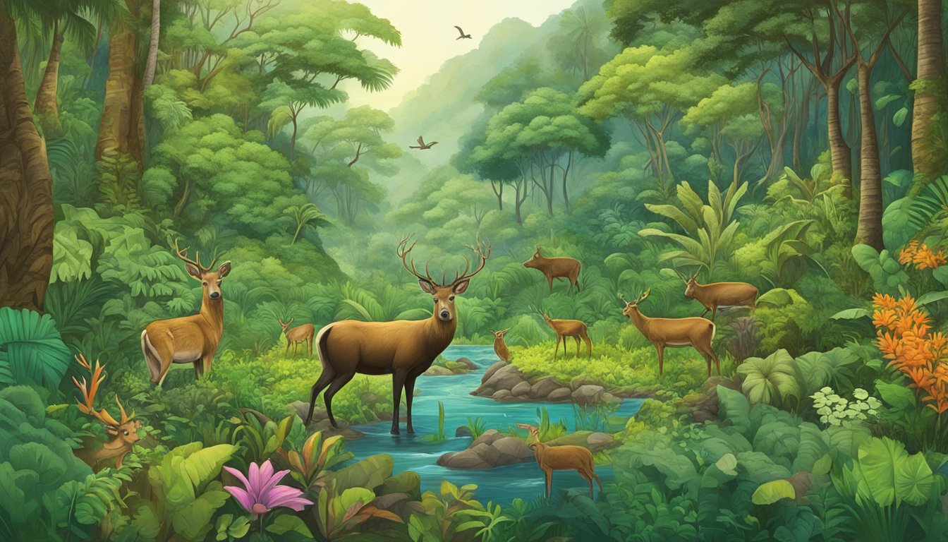 A lush Hawaiian forest with diverse wildlife, including native birds, deer, and boars, surrounded by signs indicating wildlife conservation and management hunting leases