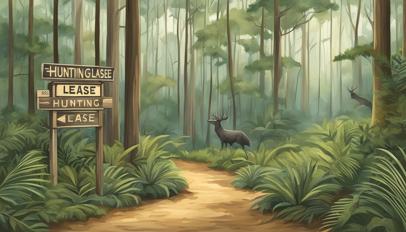 A serene forest clearing with a sign indicating "Hunting Leases - Florida" and various wildlife present