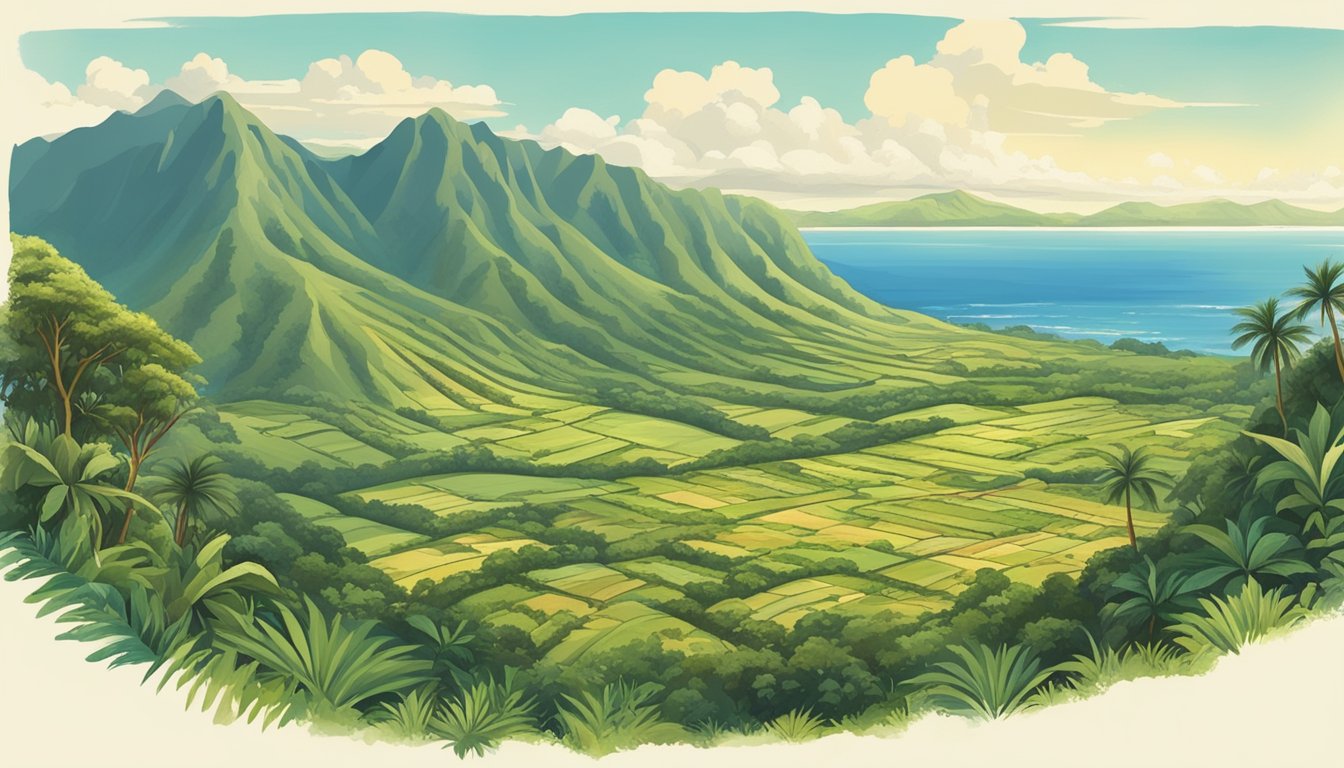 A lush Hawaiian landscape with mountains, forests, and open fields, showcasing various types of properties available for hunting leases